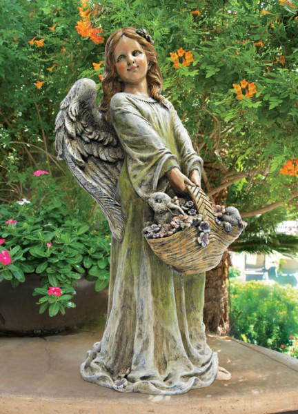 Angel & Cherub Statue Flower Angel Joy with Rabbits in Basket